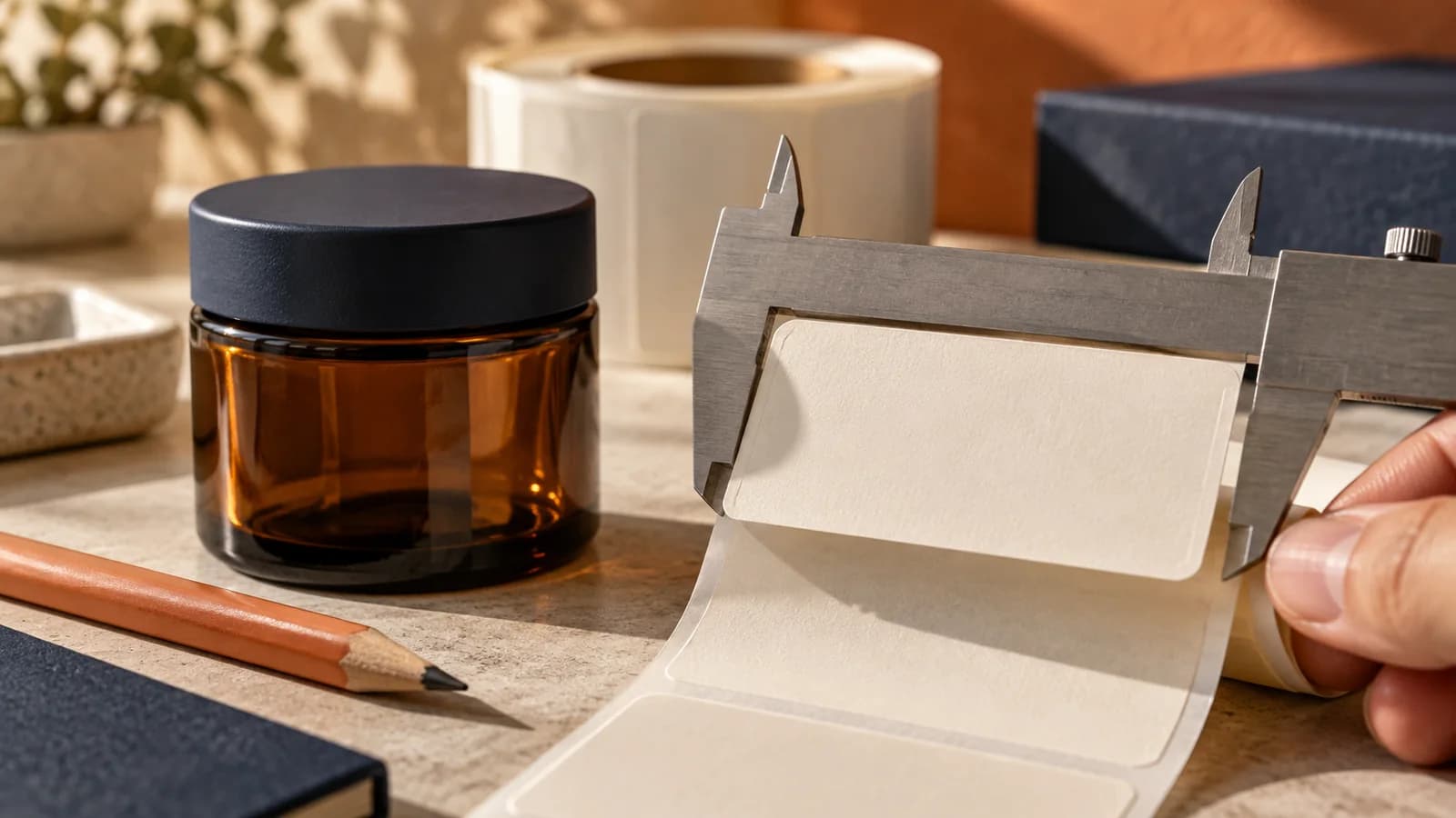 A metal caliper spans a blank adhesive label beside an amber jar and pencil.