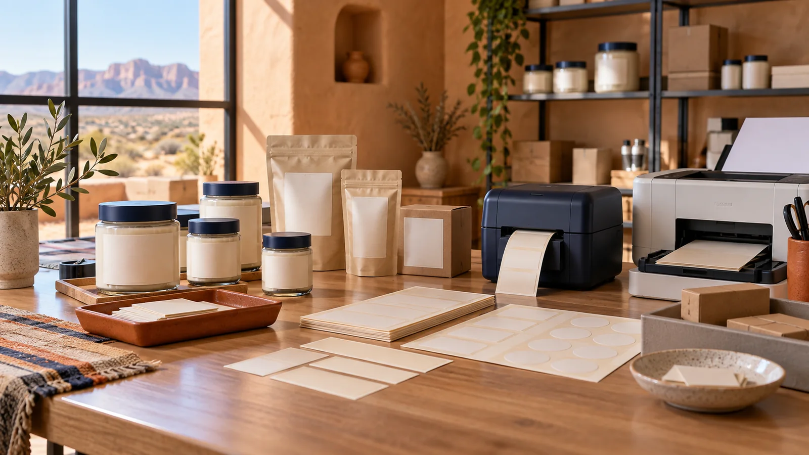 Blank labels in several sizes beside jars, pouches, a roll printer and an office printer.