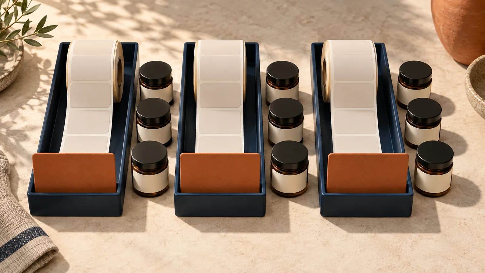 Three navy trays hold separate blank label rolls, amber jars and orange divider cards.