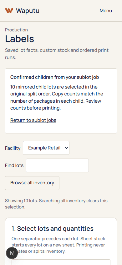 Waputu Labels on a phone, showing child lots selected from a completed sublot job.