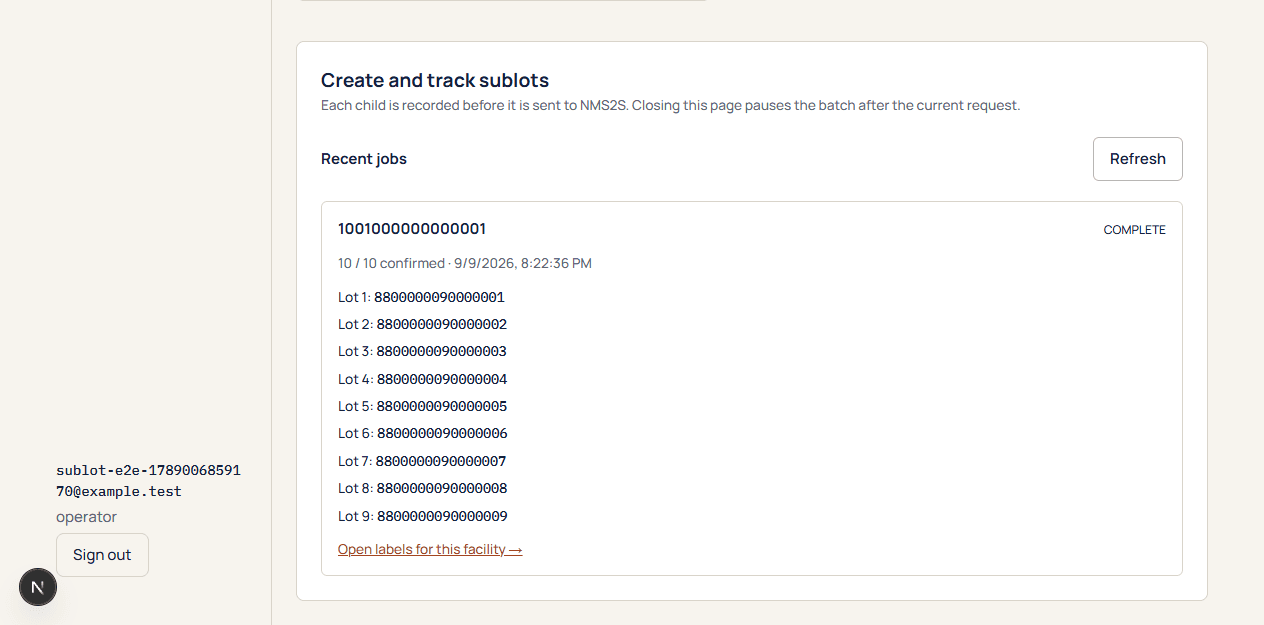 Actual Waputu sublot job history using synthetic test data. Confirmed children are listed above the Open labels link.